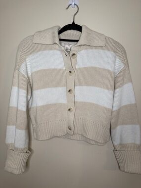 Jessica Simpson Cream & White Striped Collared Button Cardigan